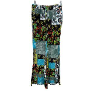 Devi Women M Floral Pant Pull On Flare Leg Boho Bohemian Colorful Patchwork